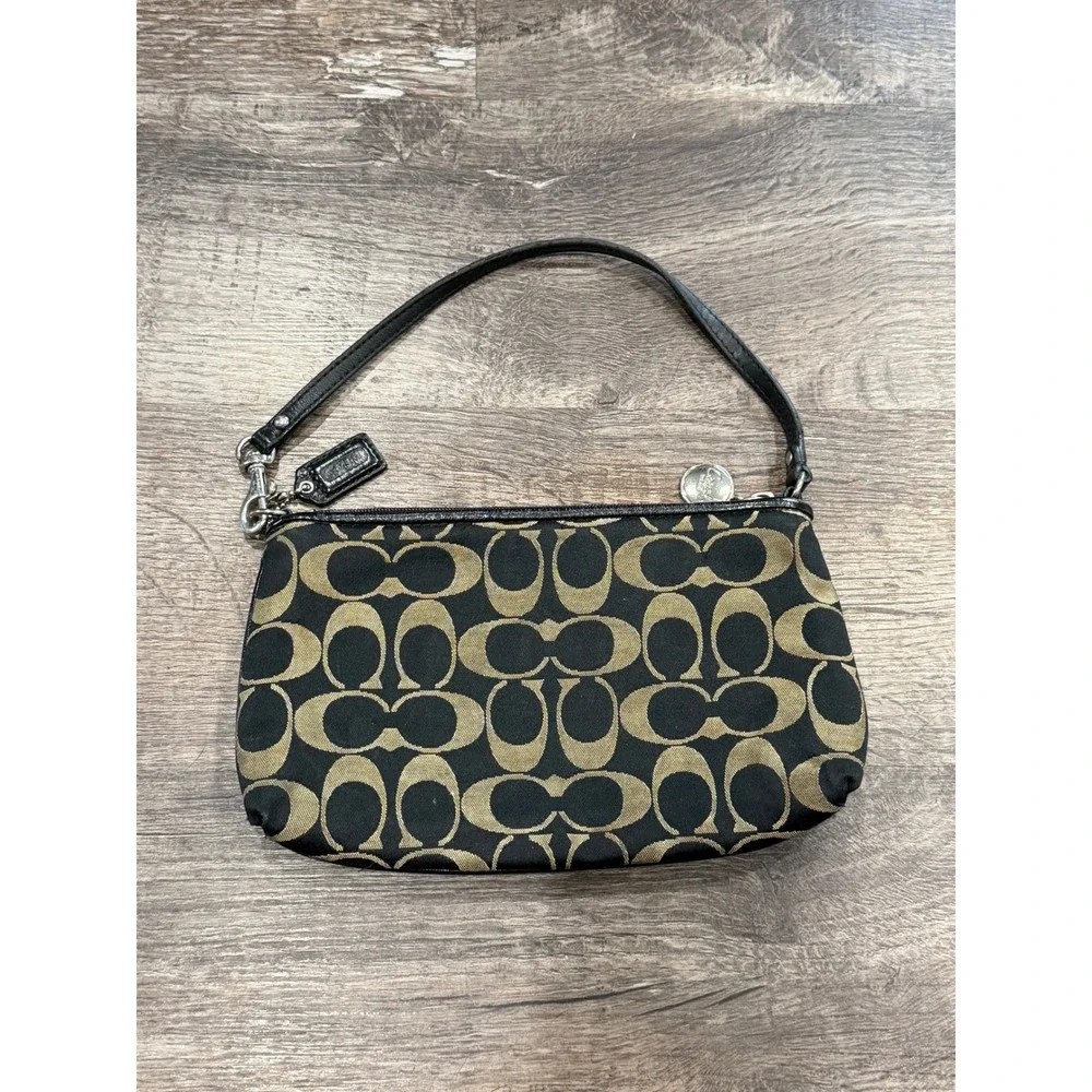 Coach Signature Jacquard Wristlet Black Gold Monogram Small Bag Handbag - Picture 2 of 6
